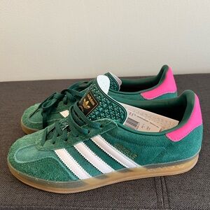 Adidas Forest Green and Hot Pink Gazelle Trainers